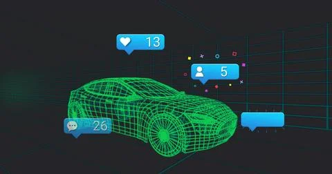 Displaying neon green 3D wireframe car model floating in virtual grid room, with Illustrazione stock