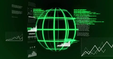 Displaying neon-green 3D wireframe globe rotating in virtual HUD, with line Stock Illustration