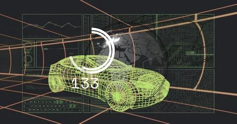 Displaying neon-green 3D wireframe car model rotating in virtual CAD with イラスト素材