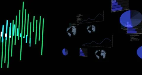 Displaying neon green bar chart on dark dashboard, showing blue pie charts, Stockillustratie