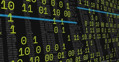 Displaying neon-green binary digits floating over console error log screen, with Foto stock