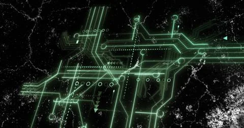 Displaying neon-green circuit network across marbled black backdrop, showing Stock Photos
