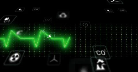 Displaying neon green ECG waveform pulsing on dashboard, showing lightning-bolt, Stock Photos
