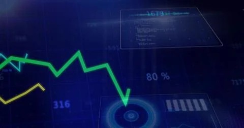 Displaying neon green falling line graph with arrow tip on virtual dashboard, Stockillustratie
