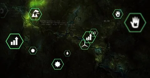 Displaying neon green hexagonal data icons clustering on topographic map, Stockillustratie