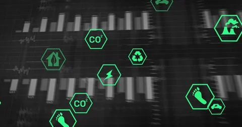 Displaying neon-green hexagonal icons over monitor UI, showing bars, lines, grid Stock Illustration