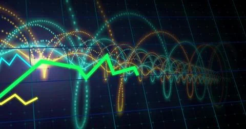 Displaying neon green jagged plot traversing left toward center on dark grid, Illustrazione stock