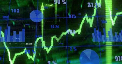 Displaying neon green line chart tracing upward trend on trading screen, with Stock Photos