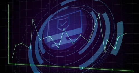 Displaying neon green line graph over purple grid in digital interface, with Stock Illustration