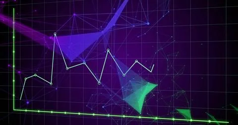 Displaying neon green line graph rising on dark purple grid interface, with Stock Illustration