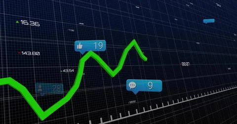 Displaying neon green line graph climbing across dark 3D grid, showing blue Stock Illustration