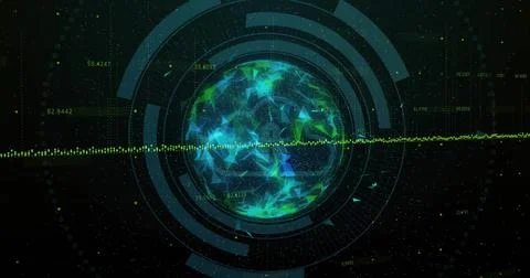 Displaying neon-green low-poly mesh rotating within control interface, with HUD 스톡 일러스트