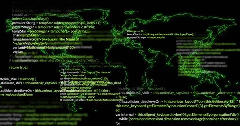 Displaying neon-green map with glowing coastlines pulsing over dark virtual Illustration