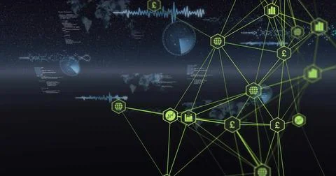 Displaying neon green network graph glowing on right in data dashboard, with hex Stock Illustration