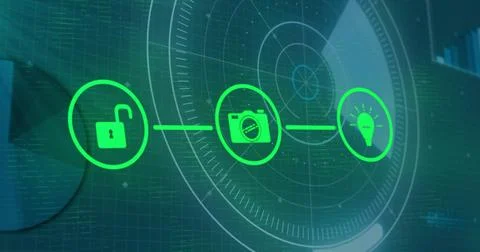 Displaying neon-green padlock, camera, light bulb icons connected on virtual HUD 스톡 일러스트