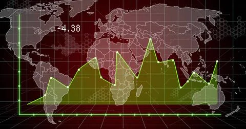 Displaying neon-green polyline chart over world map dashboard, showing filled Ilustração Stock