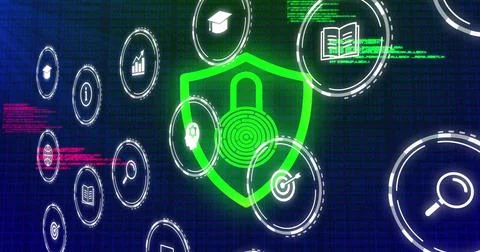 Displaying neon green shield with padlock fingerprint target on cyber dashboard Illustrazione stock