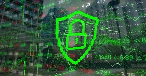 Displaying neon green shield showing padlock icon over financial district scene, Stock Photos