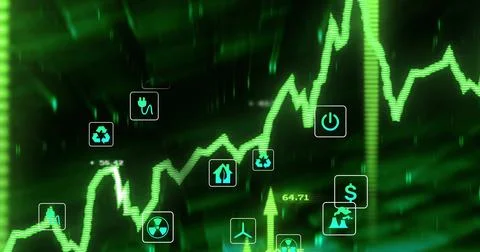 Displaying neon-green spiking graph moving across screen with energy finance Stock Illustration