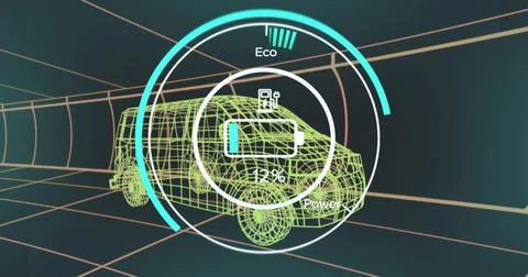 Displaying neon green SUV centered in tunnel, showing circular HUD battery plug Stock Illustration