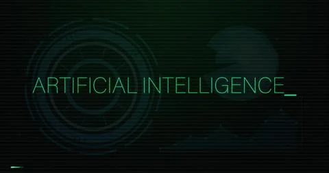 Displaying neon-green text reading ARTIFICIAL INTELLIGENCE_ on grid circle, with Stock Illustration