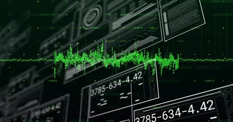 Displaying neon-green waveform across virtual HUD center, showing numeric rea Illustrazione stock