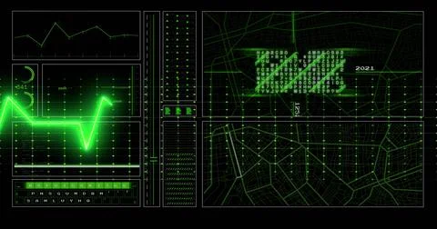 Displaying neon green waveform and grid panel on HUD, with alphanumeric block, Stock Illustration
