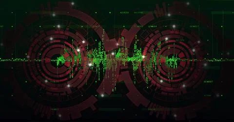 Displaying neon green waveform linking paired concentric HUD rings on dark Stock Illustration