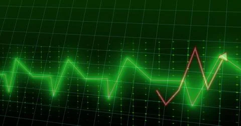 Displaying neon green waveform pulsing on screen grid dotted with dot markers 库存插图
