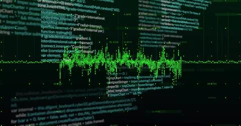 Displaying neon green waveform running across developer console monitor, with Photos