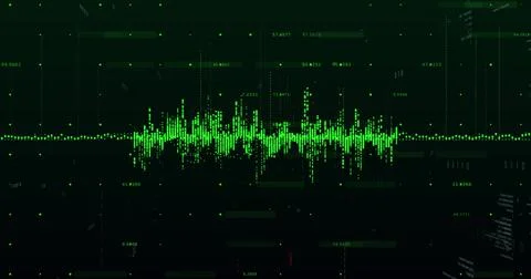Displaying neon-green waveform trace fluctuating across software UI, showing Stock Illustration