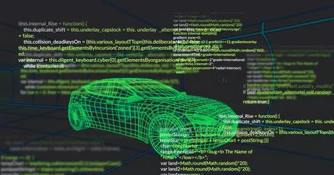 Displaying neon-green wireframe 3D car model rotating in CAD viewport, with code Illustrazione stock