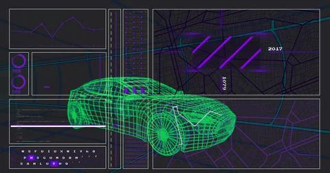 Displaying neon-green wireframe 3D car model overlaying map pane with purple Illustrazione stock