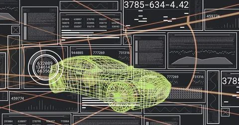 Displaying neon-green wireframe 3D car model rotating in design dashboard, with Stock Illustration
