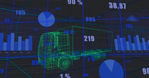 Displaying neon green wireframe 3D truck rotating on dashboard, with bar charts 스톡 일러스트