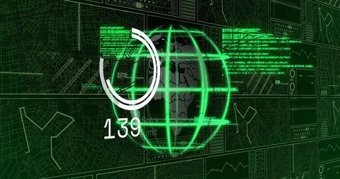 Displaying neon green wireframe globe rotating on HUD, showing progress ring 139 Illustrazione stock