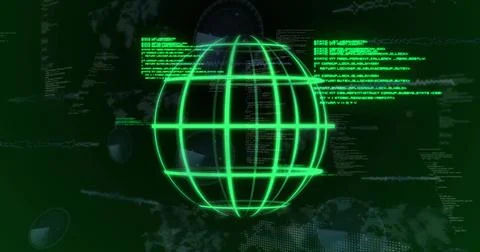 Displaying neon-green wireframe globe rotating within cyber dashboard, with Stock Photos