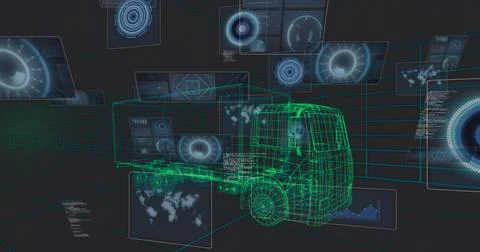 Displaying neon-green wireframe heavy truck turning in virtual simulation, with イラスト素材