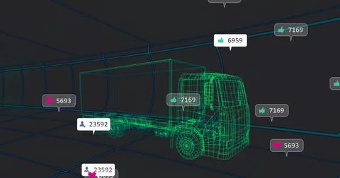 Displaying neon-green wireframe medium box truck floating in 3D grid tunnel, Stock Illustration