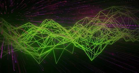 Displaying neon-green wireframe mesh forming mountainous terrain in 3D space, Stock-Illustration
