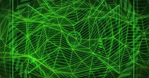 Displaying neon-green wireframe network centering on dark grid, showing centr Stock Illustration