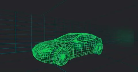 Displaying neon-green wireframe passenger car model occupying center of studi Stock Illustration