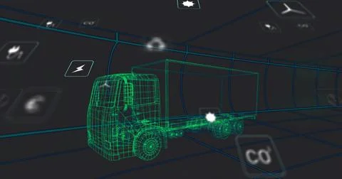 Displaying neon green wireframe rig centered in grid tunnel, showing glowing Stock Illustration