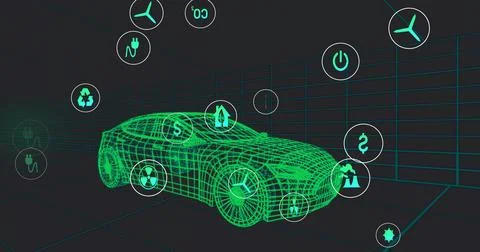 Displaying neon green wireframe sedan model floating within gridded 3D chamber, Stock Illustration