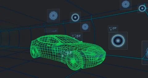 Displaying neon green wireframe sedan 3D model rotating in virtual design Stock Illustration