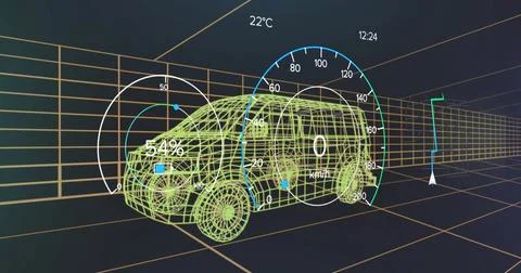 Displaying neon green wireframe SUV model rotating in virtual grid, showing s Stock-Illustration