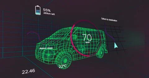 Displaying neon green wireframe SUV rotating in virtual 3D grid, with magenta Stock Illustration