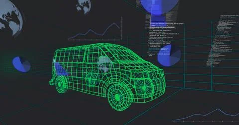 Displaying neon-green wireframe van model in 3D grid, with floating pie charts Illustrazione stock