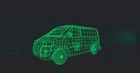 Displaying neon green wireframe van rotating in virtual 3D space, with grid line Stock Illustration