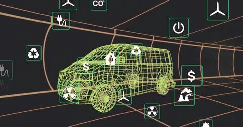 Displaying neon-green wireframe van moving in dark grid tunnel, showing floating Stock Illustration